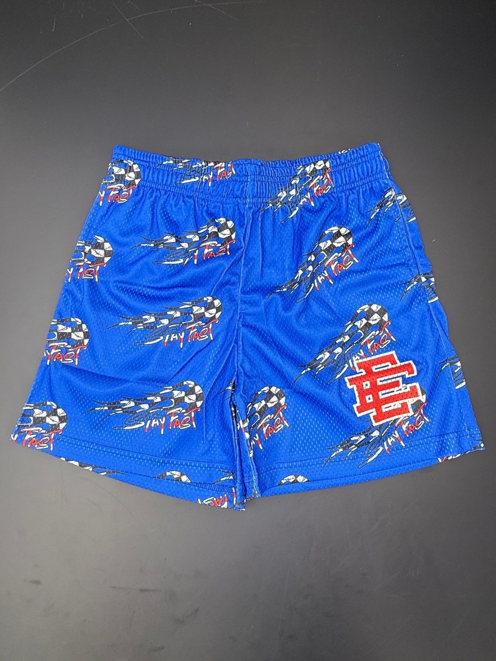 Eric Emanuel Royal Blue Soccer-Print Mesh Shorts with Red EE Patch